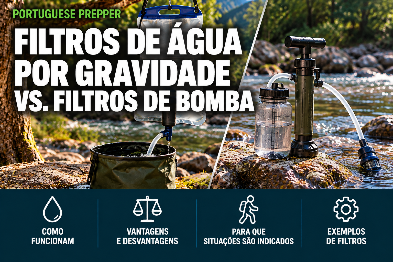 Filtro de água por gravidade suspenso sobre um recipiente e filtro portátil de bomba manual junto a um curso de água, apresentados lado a lado para comparação