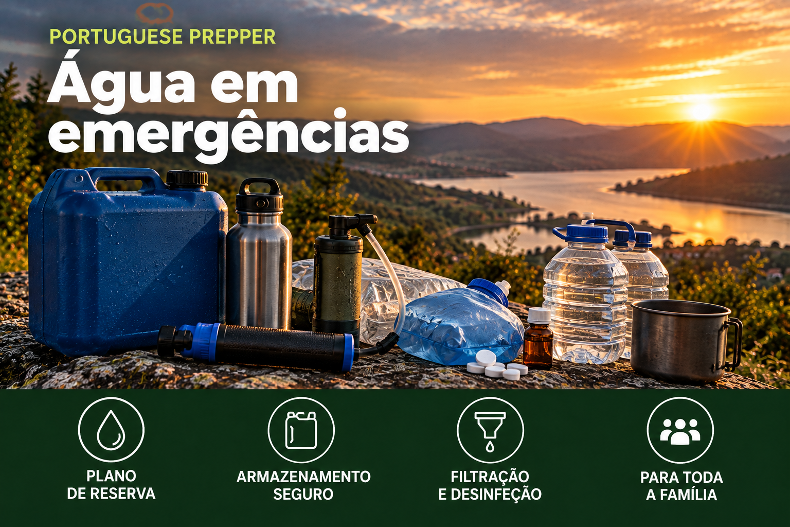 Garrafões, recipientes e equipamento de armazenamento e tratamento de água para preparação de emergências.