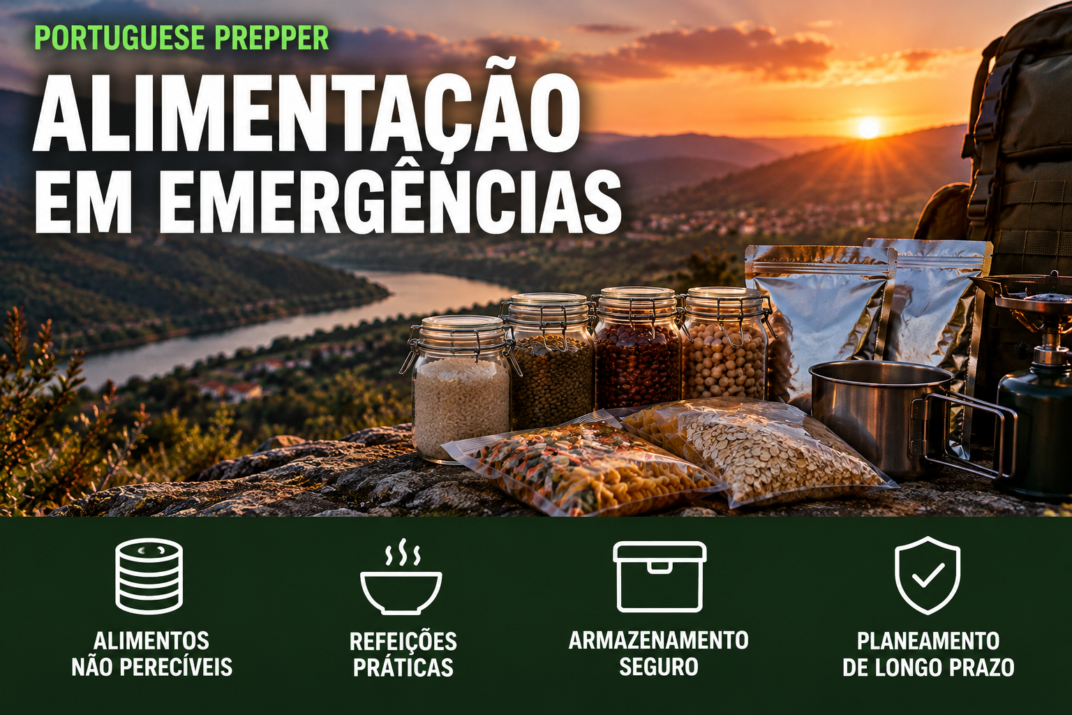 Frascos com arroz, leguminosas e outros alimentos secos, embalagens de conservação, panela e fogão portátil numa paisagem portuguesa ao pôr do sol