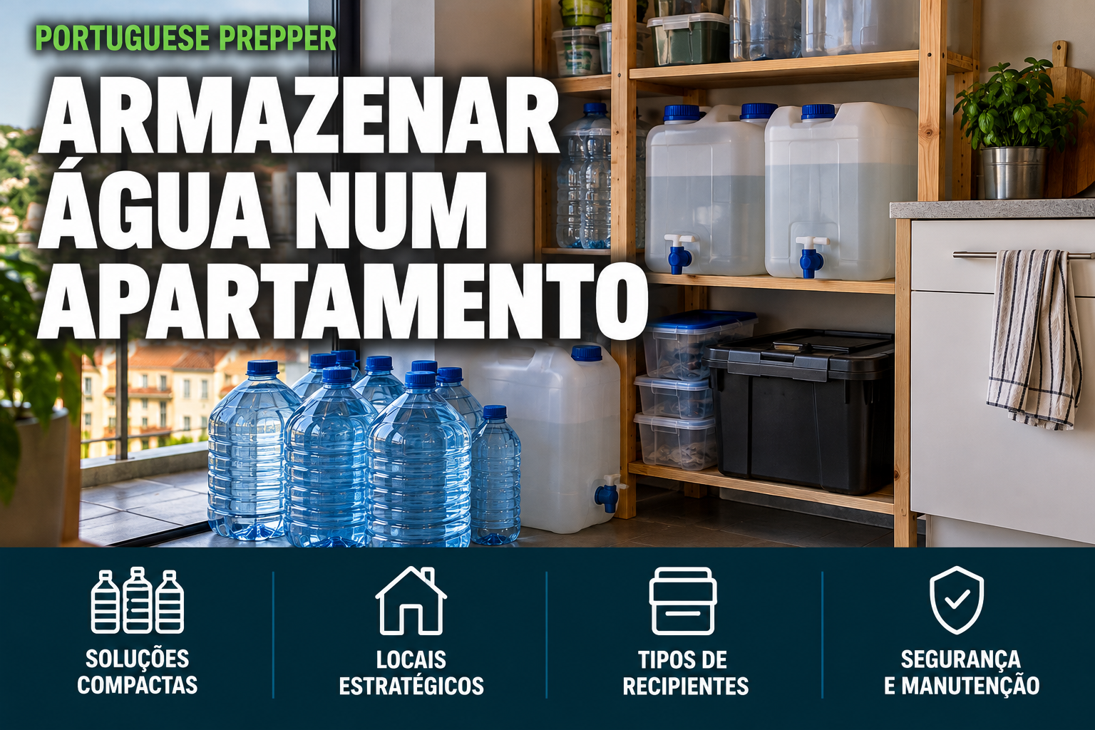 Garrafas de água e recipientes de armazenamento com torneira, organizados em prateleiras de madeira num apartamento