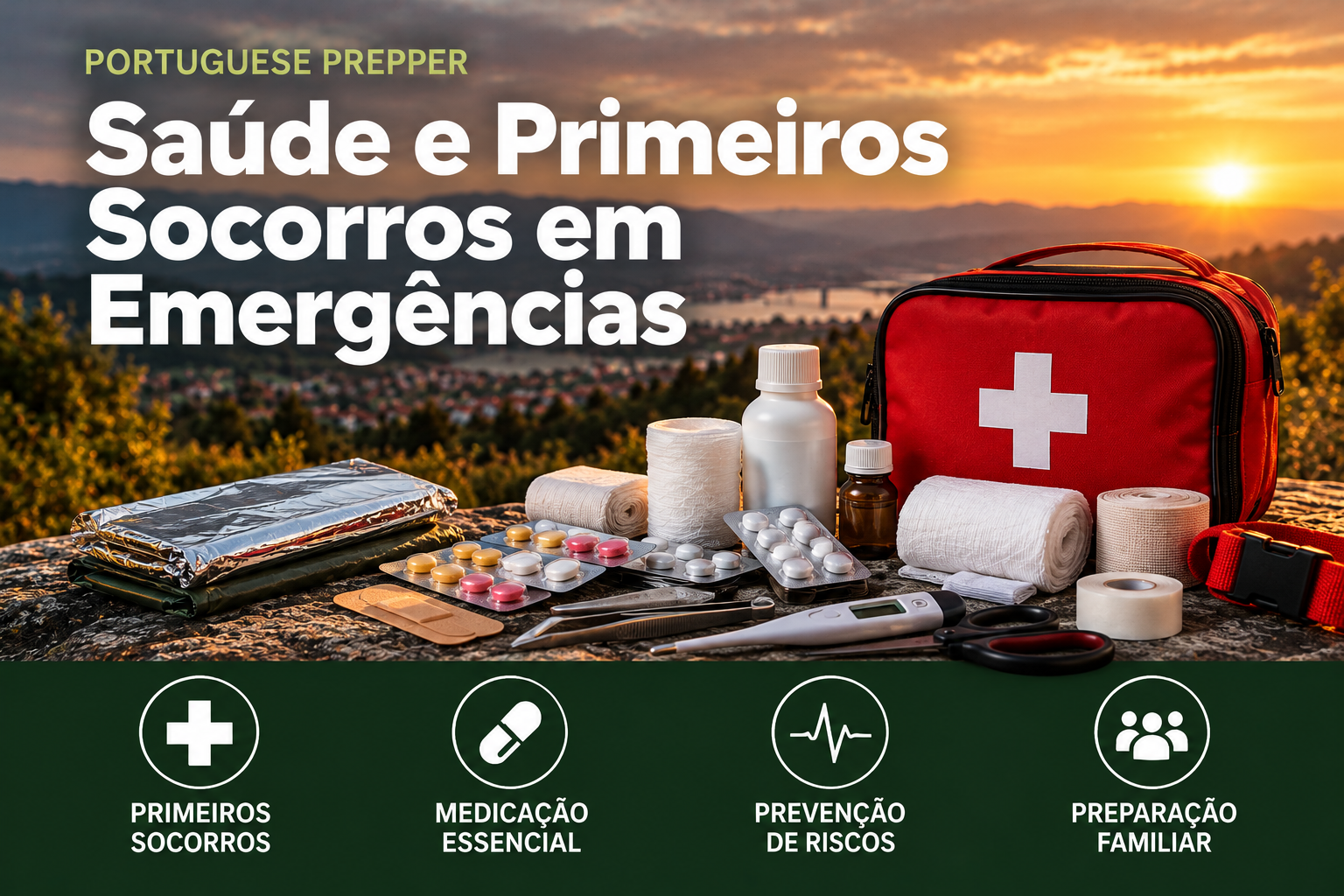 Estojo de primeiros socorros com pensos, ligaduras, medicamentos, termómetro e manta térmica