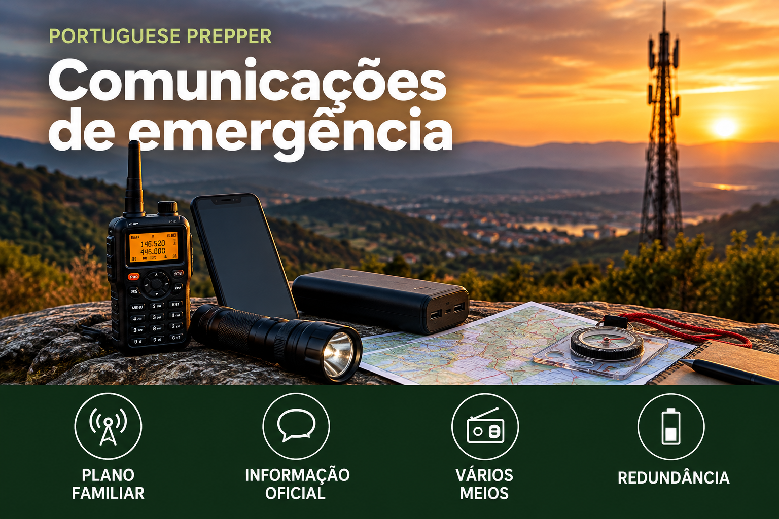 Equipamento de comunicação de emergência com rádio portátil, telemóvel, bateria externa e mapa, com uma antena de telecomunicações ao fundo
