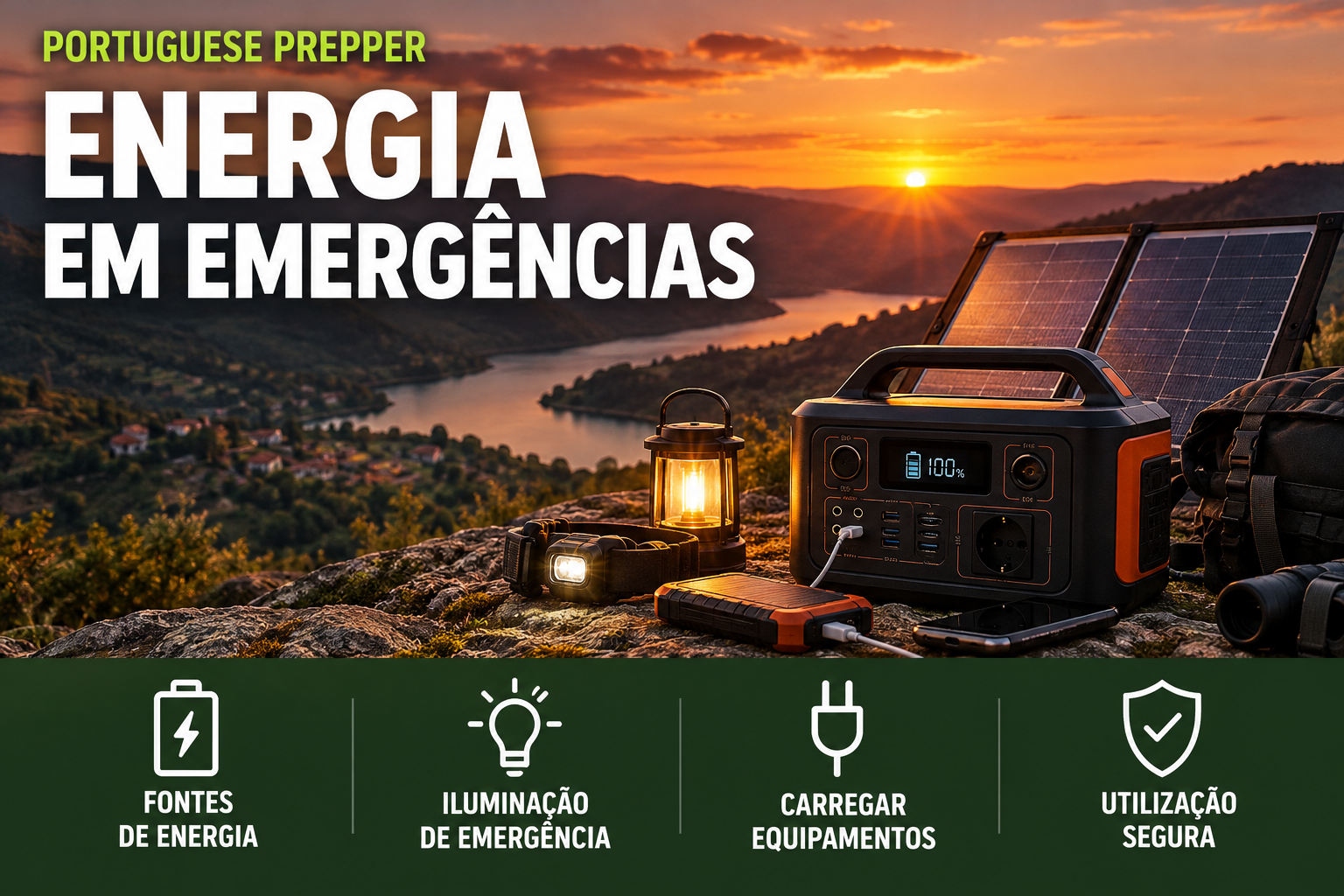 Estação de energia portátil, painel solar, lanterna, frontal e bateria externa numa paisagem portuguesa ao pôr do sol