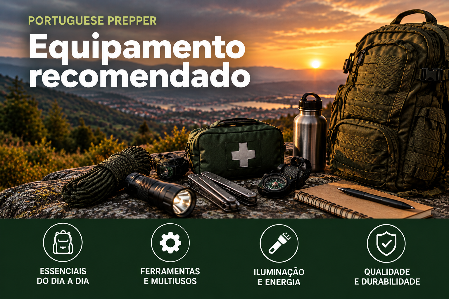 Mochila de emergência com estojo de primeiros socorros, lanterna, ferramentas multiusos, cantil e outros equipamentos de preparação