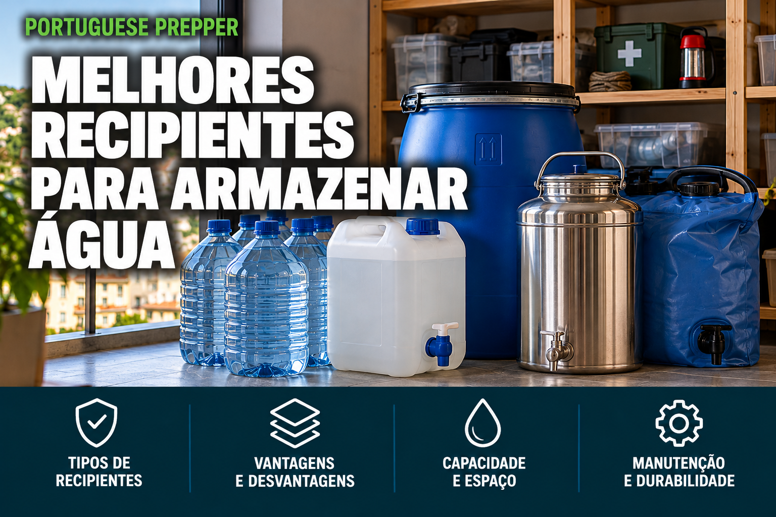 Garrafas de água, garrafão com torneira, bidão azul, recipiente metálico e reservatório flexível organizados numa zona de armazenamento doméstico