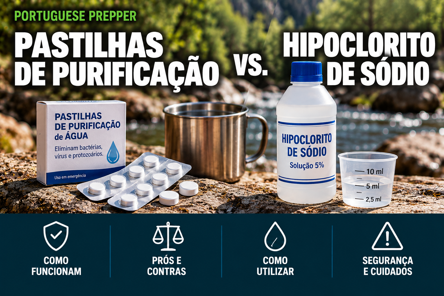 Embalagem de pastilhas de purificação de água, frasco de hipoclorito de sódio e copo doseador, dispostos junto a um curso de água
