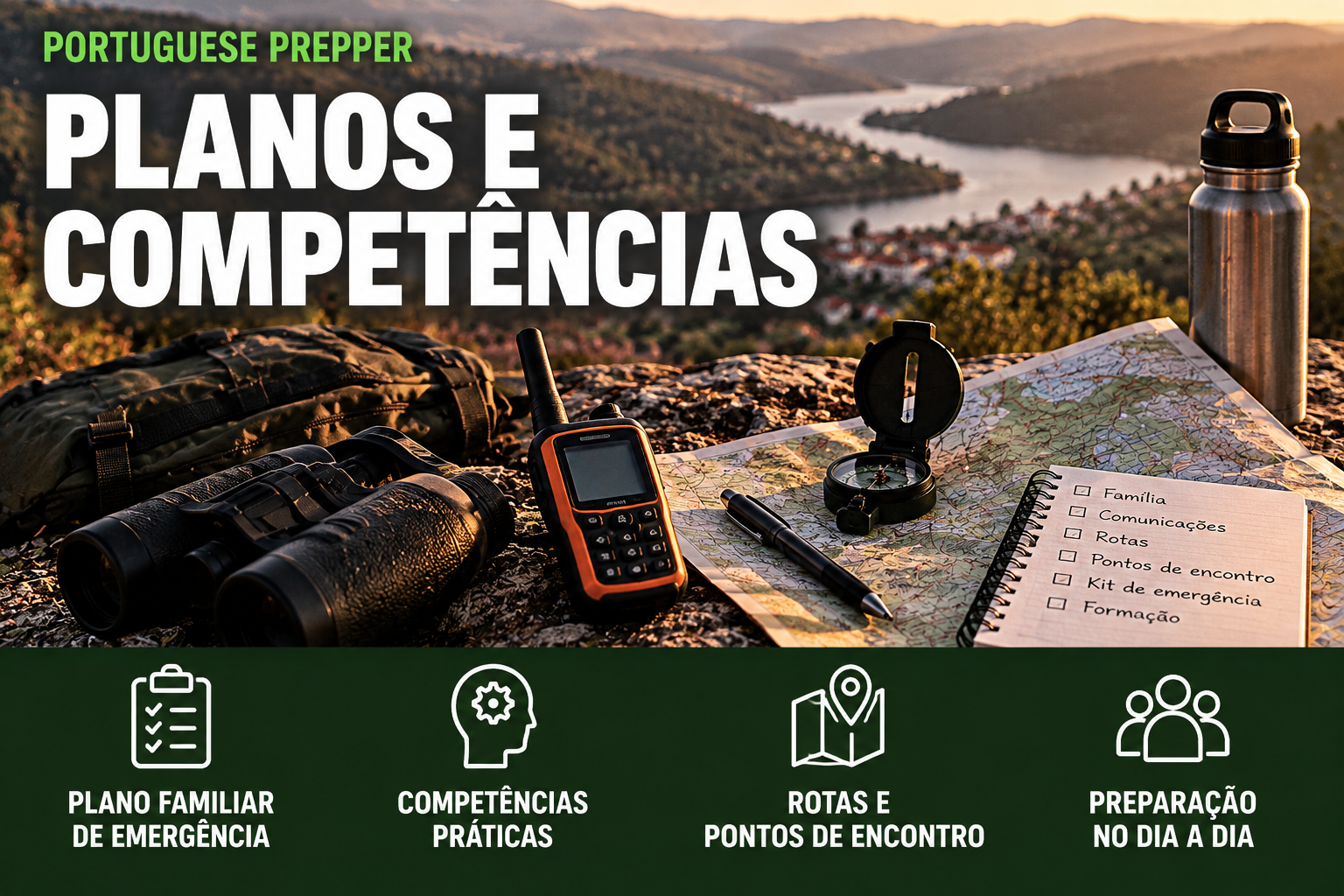Mapa, bússola, equipamento de emergência, dispositivo de comunicação e lista de verificação para planeamento familiar numa paisagem montanhosa ao pôr do sol