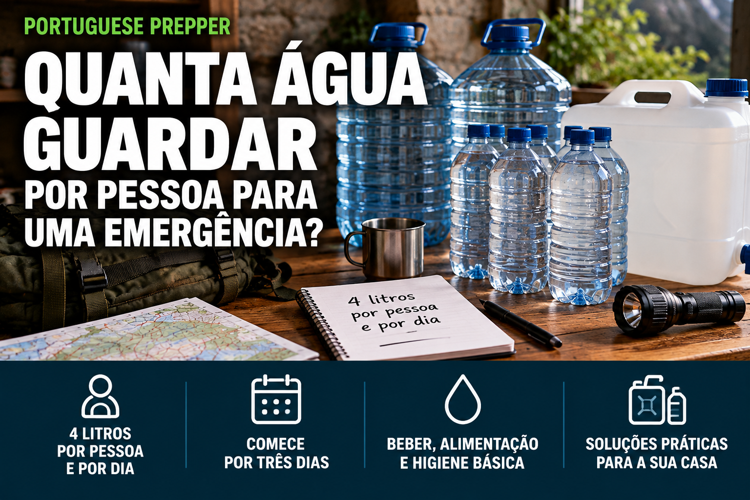 Garrafões e garrafas de água, caneca metálica, lanterna, mochila, mapa e caderno com a indicação de quatro litros por pessoa por dia, organizados sobre uma mesa de madeira.