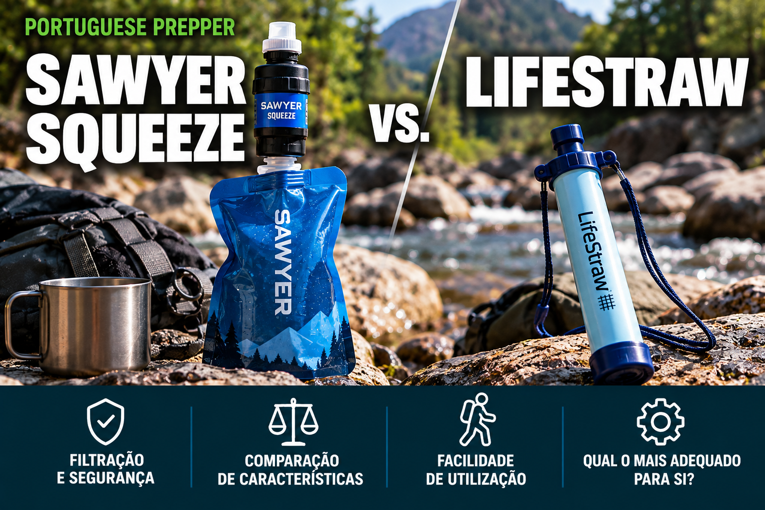 Filtro Sawyer Squeeze com bolsa de água azul e filtro LifeStraw de formato tubular, colocados lado a lado sobre rochas junto a um curso de água