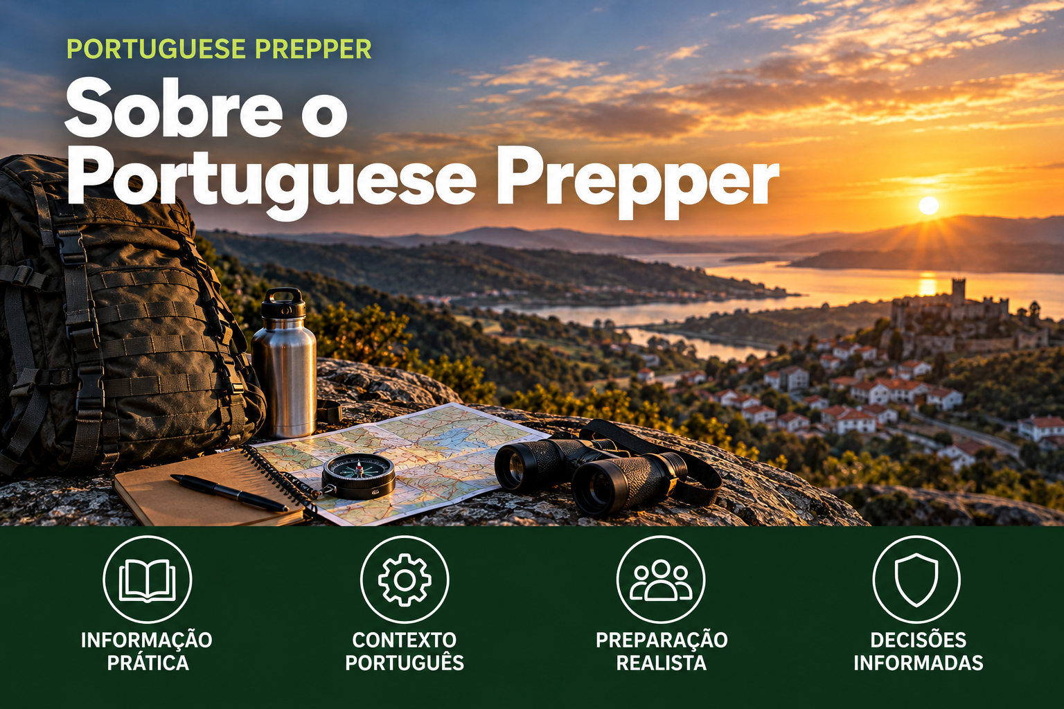 Equipamento de preparação com mochila, mapa, bússola e binóculos numa paisagem portuguesa ao pôr do sol